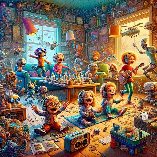 A vibrant illustration of excited characters from an imaginary world, participating in a quarantine-themed activity, colorful and engaging.