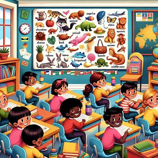 A colorful and playful illustration of various animals and objects that represent a fun and educational English language quiz for children in a classroom setting.