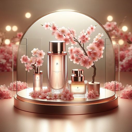 Create an elegant and luxurious skincare product display featuring SK-II products including the SKU's iconic facial treatment essence, with soft lighting and a blurred background of cherry blossoms, representing the brand's Japanese heritage.