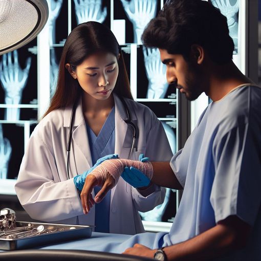 A medical professional assessing a wrist fracture in an emergency room, with radiographs and orthopedic tools visible in the background.