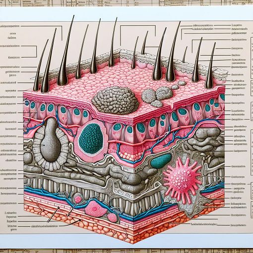 A detailed diagram of human skin layers including the epidermis, dermis, and hypodermis with annotations for various cell types and structures.