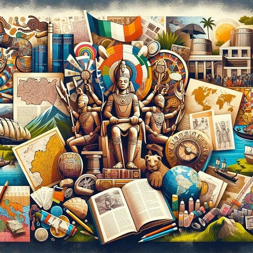 A colorful collage showcasing elements of Nigerian history, including ancient artifacts, maps of kingdoms, and imagery of key historical events, with a vibrant and educational theme.