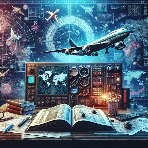 Create a detailed and vibrant illustration representing aviation regulations, including elements like aircraft, regulations books, and air traffic control in an educational setting.