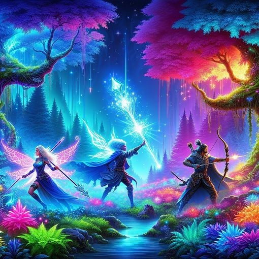 A fantasy-themed character design landscape showcasing various character archetypes, including a warrior, a mage, and an archer, all in vibrant colors, set in a magical forest.