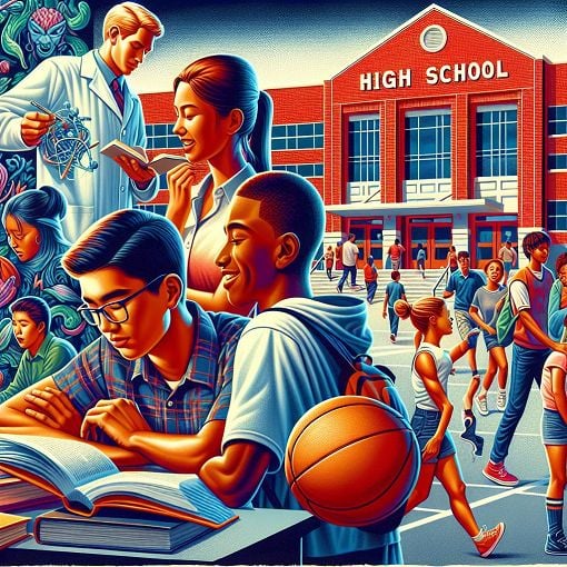 A colorful illustration depicting a diverse group of high school students engaging in various activities, such as studying, socializing, and participating in sports, with a school backdrop.