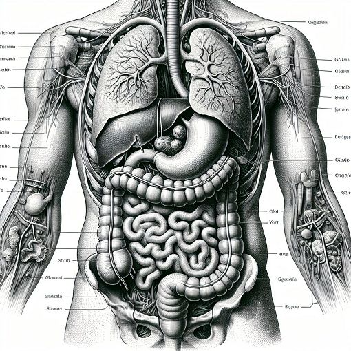 A detailed illustration of the human digestive system with labels for organs like the stomach, small intestine, and large intestine, emphasizing the digestive process and nutrient absorption.