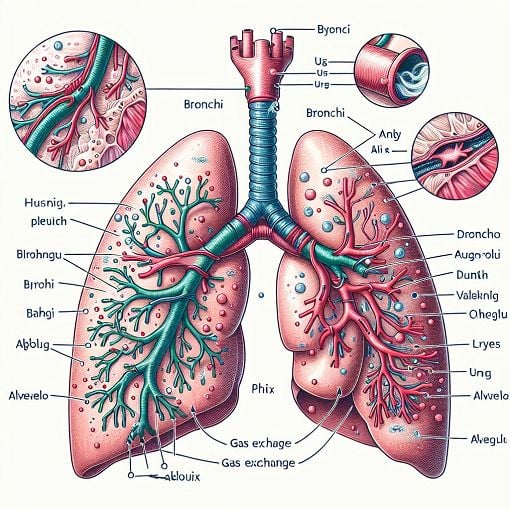 A visually engaging illustration of the human respiratory system, highlighting the lungs, bronchi, and alveoli, with arrows depicting airflow and gas exchange.