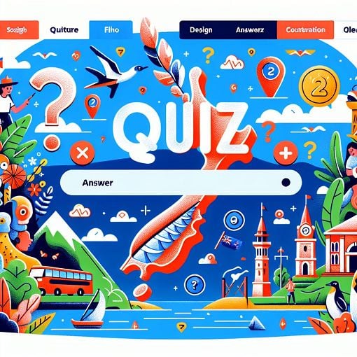 Create an educational and engaging quiz landing page image featuring elements of New Zealand's culture, geography, and historical landmarks, with bright colors and quiz-related themes.