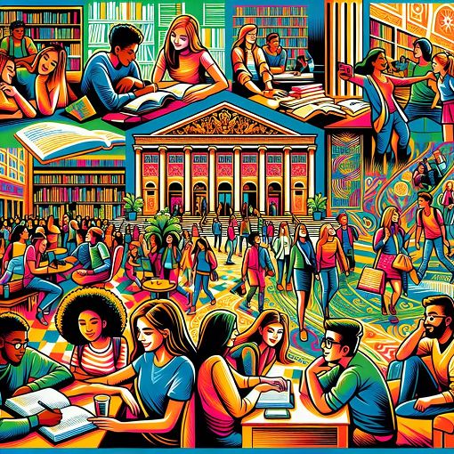 A vibrant and lively illustration of various university scenes, highlighting the University of Minnesota-Twin Cities campus life, including students studying, socializing at a bar, and enjoying arts and culture.