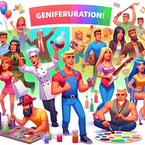 A colorful illustration of various Sims 2 characters engaged in different activities, depicting careers, hobbies, and social interactions, in a vibrant and cartoonish style