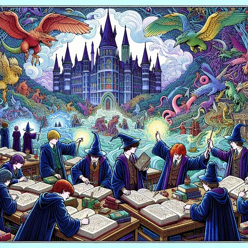 A vibrant illustration of a magical school resembling Hogwarts, with students practicing spells, mystical creatures, and enchanting landscapes in the background.