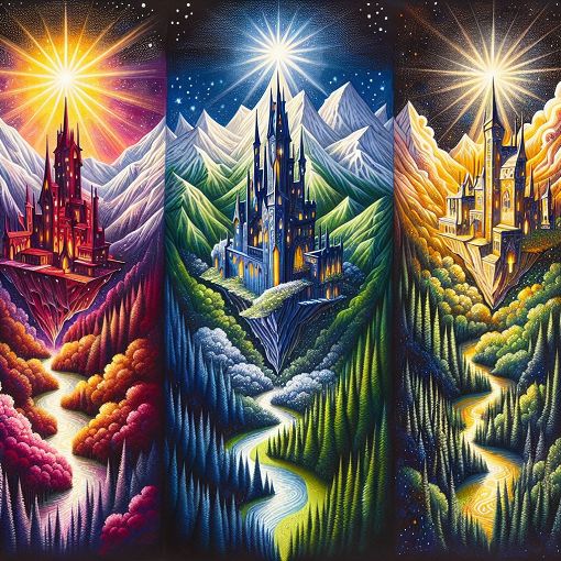 A whimsical illustration of a magical school with four distinct houses, each vibrant and unique, surrounded by enchanted landscapes like forests, mountains, and starry skies.