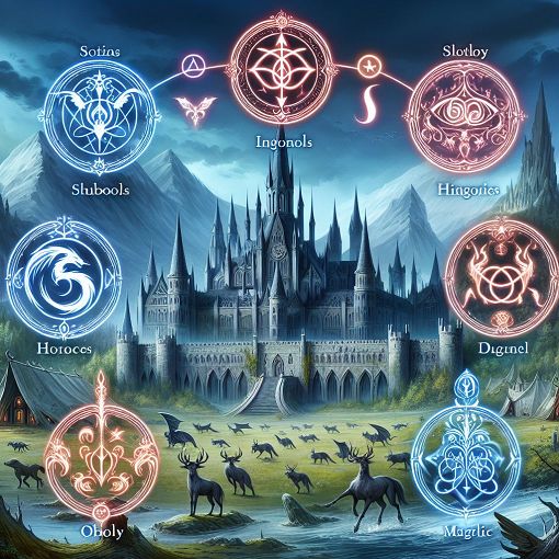 A magical landscape with the Hogwarts castle in the background, surrounded by enchanted creatures and symbols representing the four Hogwarts houses.