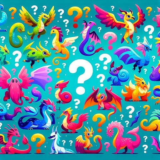 A colorful illustration featuring various Pokémon characters with question marks around them, set in a vibrant, cartoonish style.