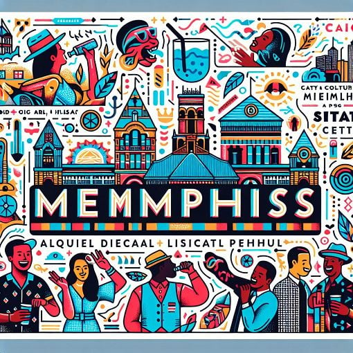 A vibrant graphic showcasing Memphis culture, featuring iconic landmarks, local slang words, and lively party scenes.