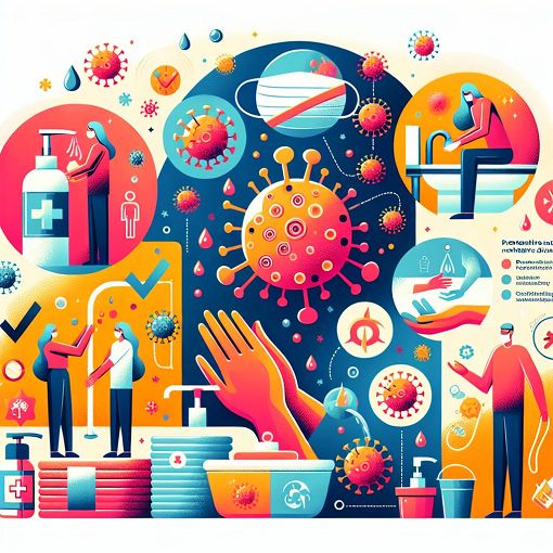 A colorful and informative illustration depicting various aspects of COVID-19, including virus particles, masks, hand washing, and social distancing measures, with a friendly educational tone.