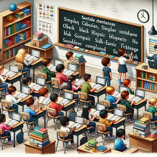 An educational scene depicting a classroom with students engaging in learning about sentence structures, with visual representations of simple and compound sentences written on a blackboard.