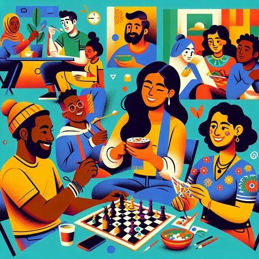 A colorful illustration depicting diverse friends hanging out together in various activities like eating, playing games, and enjoying art.