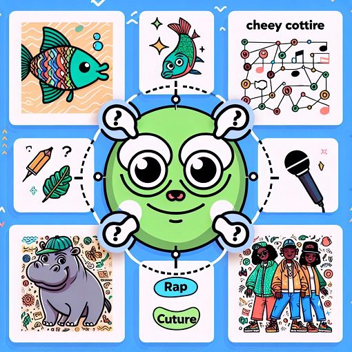 A colorful, whimsical collage featuring quirky illustrations related to various questions in the quiz, including a cartoon fish with eyelids, a hippo, and playful rap elements.