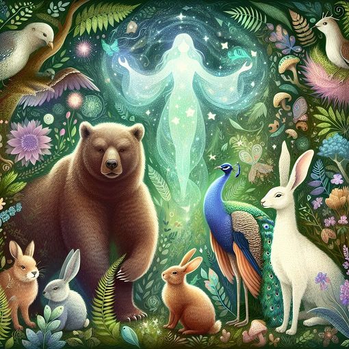 A whimsical illustration of various animals in a vibrant forest, with a mystical aura indicating spirituality and inner self-discovery.