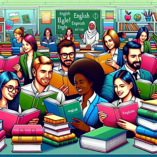 A colorful illustration of a diverse group of people engaged in a friendly quiz competition, surrounded by English books and educational materials, with a vibrant classroom background.