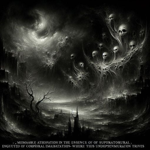 A dark, atmospheric illustration of a haunted landscape featuring various fear entities lurking in the shadows, evoking a sense of mystery and horror, with supernatural elements like ghostly figures and ominous symbols.