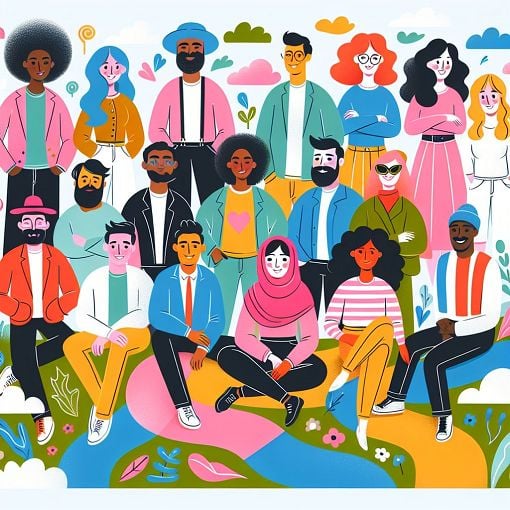 A playful and colorful illustration of diverse and confident characters expressing their unique styles and personalities, with a lighthearted and whimsical background.