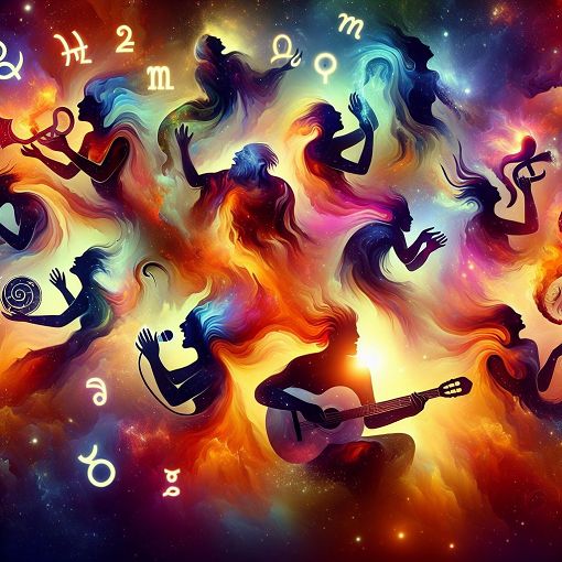 A vibrant illustration depicting the twelve zodiac signs merging with images of the Seventeen members, creating a mystical and colorful cosmic atmosphere.