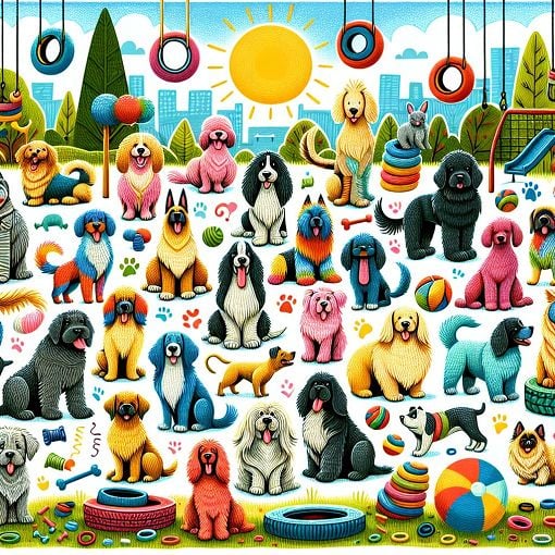 A vibrant, playful illustration of different dog breeds with a whimsical background that embodies fun and personality traits.