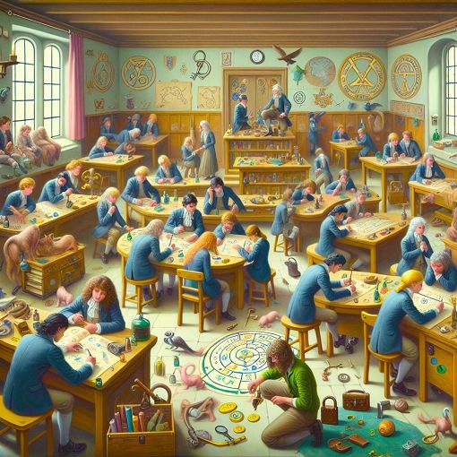 a fantasy-themed classroom filled with mischievous students engaging in playful activities related to thievery; colorful and whimsical style