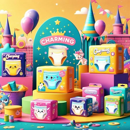 A colorful and engaging illustration of various cute adult diaper brands, showcasing different packages and designs in a fun and playful environment.