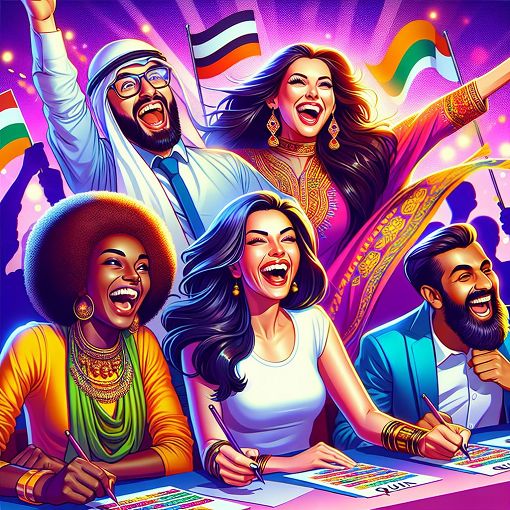 Create a vibrant and colorful illustration featuring diverse characters answering fun quiz questions, with an emphasis on playful expressions and a whimsical atmosphere.