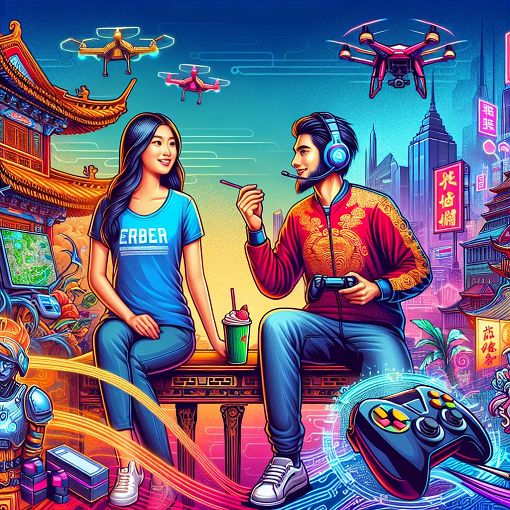 A vibrant and colorful illustration of a Chinese drama setting with characters resembling a young woman and a competitive gamer in a modern city backdrop, showcasing technology and gaming elements.