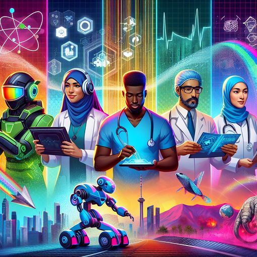 A futuristic career path visualization, showcasing diverse professions and technology intertwining, with elements representing gaming, healthcare, robotics, and environmental consciousness in a vibrant, engaging manner.