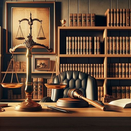 A legal-themed illustration featuring scales of justice, a gavel, and law books in an office environment