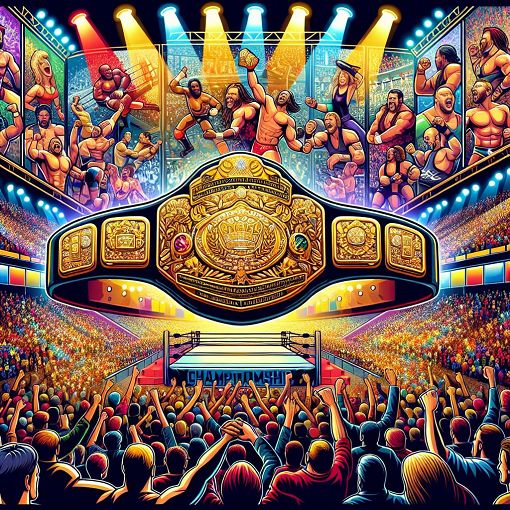 Generate an image featuring a wrestling arena with vibrant lights, a large crowd, and wrestling murals that represent DWF's history and champions. Include a championship belt and iconic moments in the background.