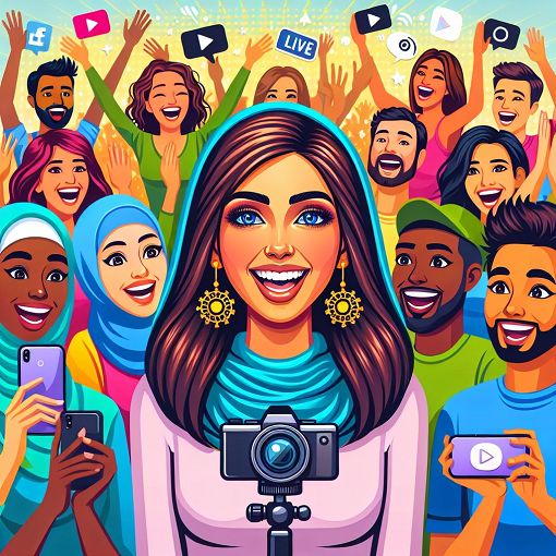 A vibrant illustration of a vlogger surrounded by a cheerful group of fans, showcasing elements of social media and online content creation.