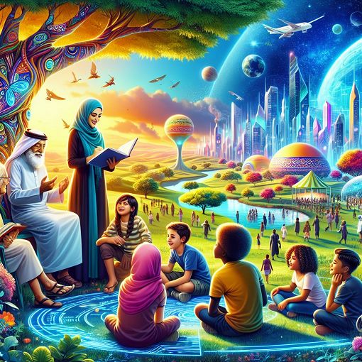 A vibrant and imaginative depiction of a utopian society with diverse people living in harmony, lush landscapes, and futuristic elements, showcasing elements of education, equality, and innovation.