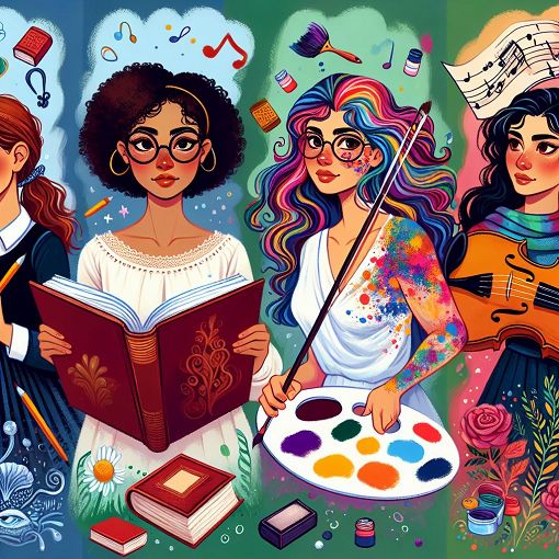 A vibrant and colorful illustration depicting four sisters with distinct personalities, each representing different hobbies and traits, set against a whimsical background.