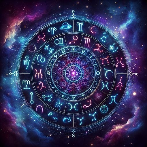 Create an image of a colorful zodiac wheel with astrological symbols and constellations, immersed in a cosmic background filled with stars and a mystical aura.