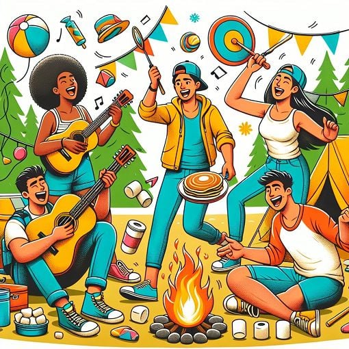 a colorful, fun, and whimsical illustration of a summer camp scene featuring a diverse group of friends having fun, with elements that hint at silly activities and camaraderie