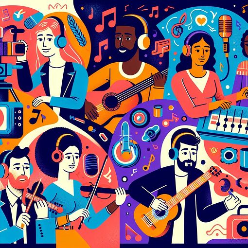 A vibrant, colorful illustration of diverse characters engaging in various activities related to broadcasting, music, and events, with elements like microphones, cameras, and musical instruments.