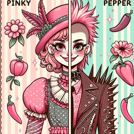 Create a vibrant and whimsical illustration featuring a split character design representing 'Pinky' and 'Pepper', with fashion elements, emotional expressions, and a fun, colorful background.