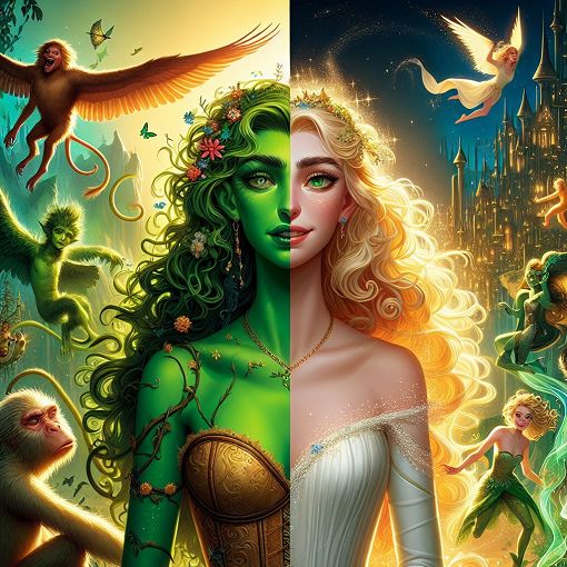 A vibrant and magical depiction of the characters Elphaba and Glinda from the musical Wicked, set in the enchanting Land of Oz with fantastical elements like flying monkeys and the Emerald City.