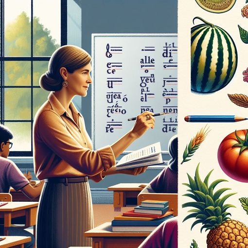 A vibrant classroom setting where a teacher is helping students with Spanish conjugation, featuring elements like whiteboards with Spanish verbs and colorful illustrations of fruits, depicting melons and tomatoes.