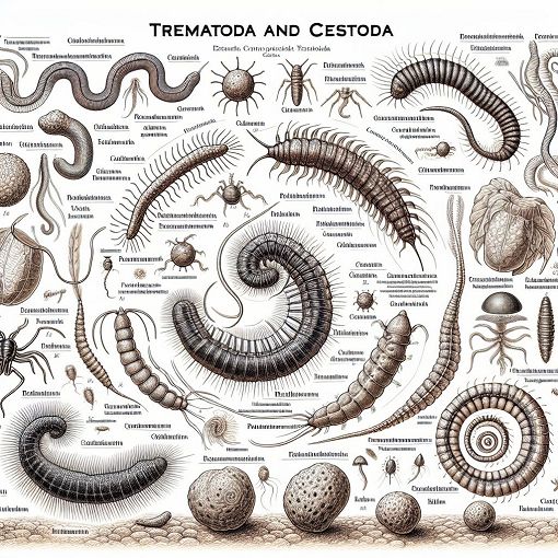 A detailed illustration of Trematoda and Cystoda parasites in a medical textbook style, showcasing various species, life cycles, and their effects on hosts.