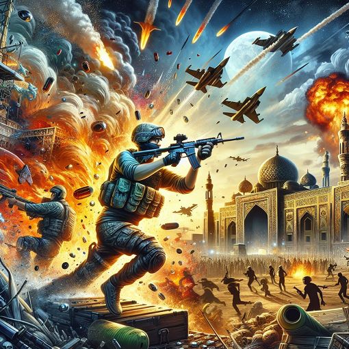 A vibrant digital artwork representing the intense atmosphere of a CSGO match with players in action, explosions in the background, and iconic maps like Dust II and Mirage featured.