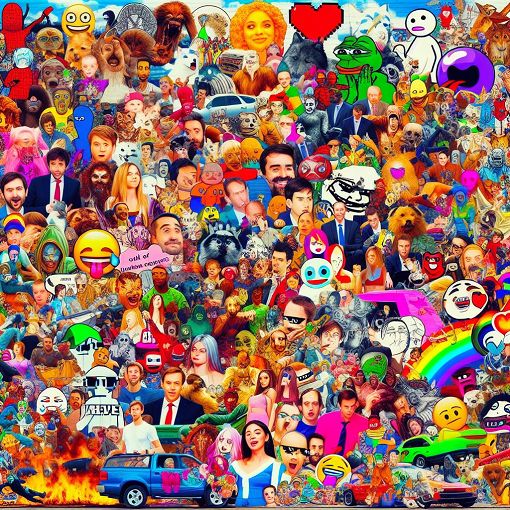 A vibrant and colorful collage of popular meme characters and creators, featuring iconic images and humor elements that represent internet meme culture.