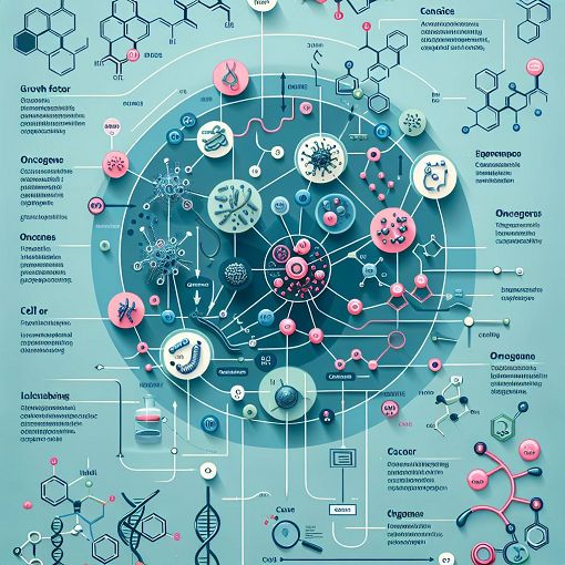 An informative illustration depicting molecular structures related to cancer research with visual elements of growth factors, oncogenes, and cell signaling pathways.