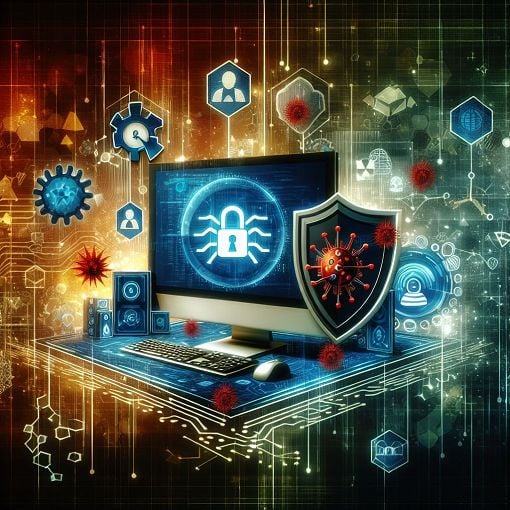 A vibrant and engaging digital illustration depicting various types of malware and computer viruses, featuring elements like a computer screen, a virus icon, and a shield representing cybersecurity, with a tech-themed background.